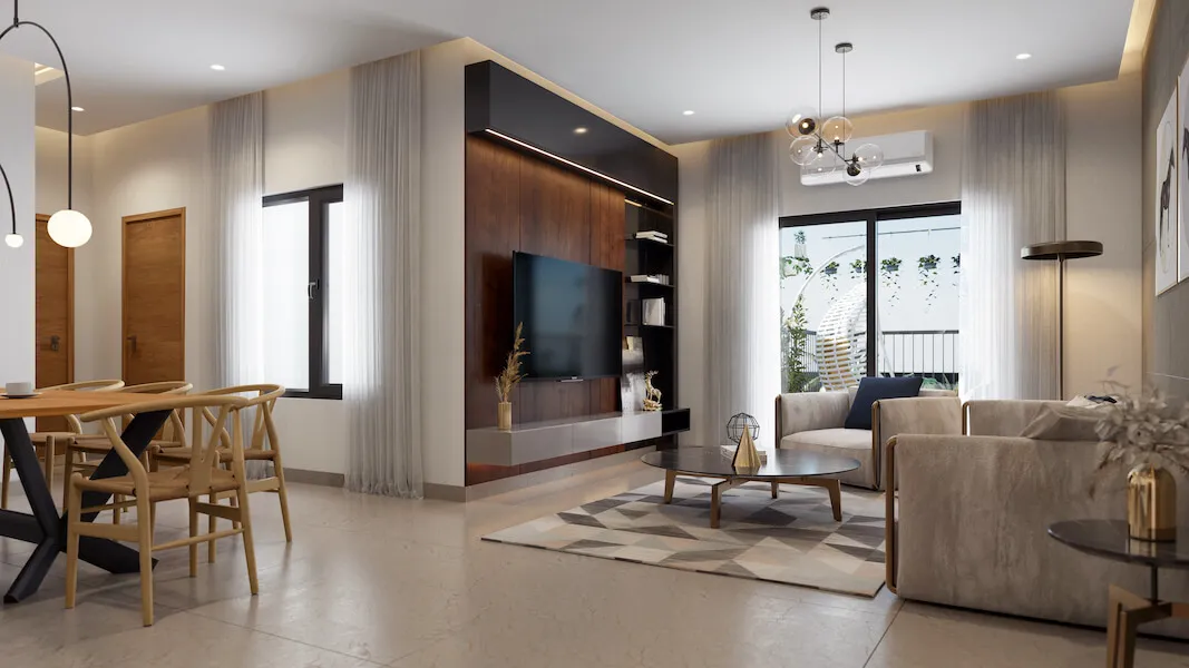 Living room with orange sofa and wooden partition